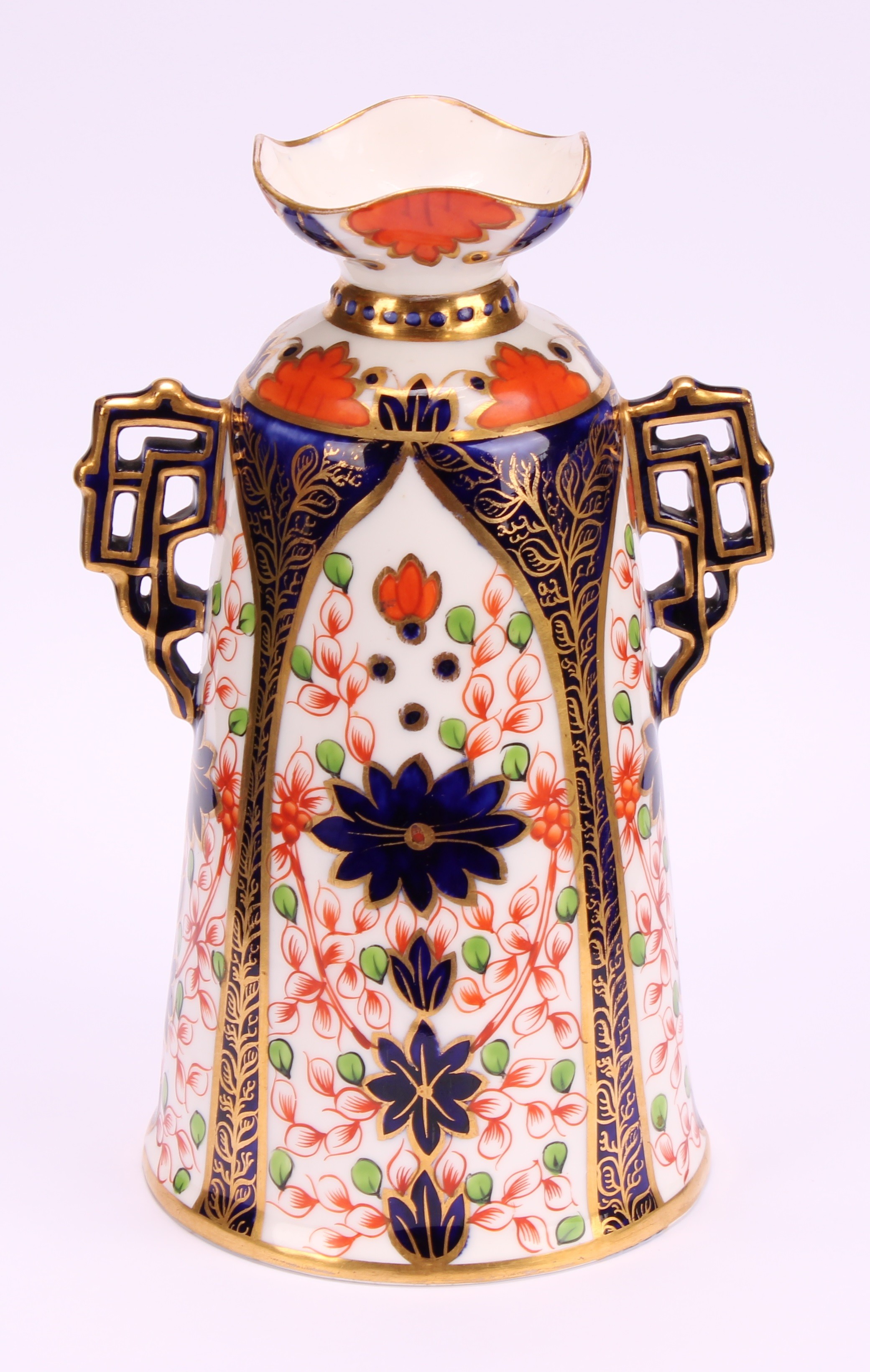 A Royal Crown Derby Imari elongated ogee shaped two-handled vase and cover, Japanesque angular - Image 3 of 9