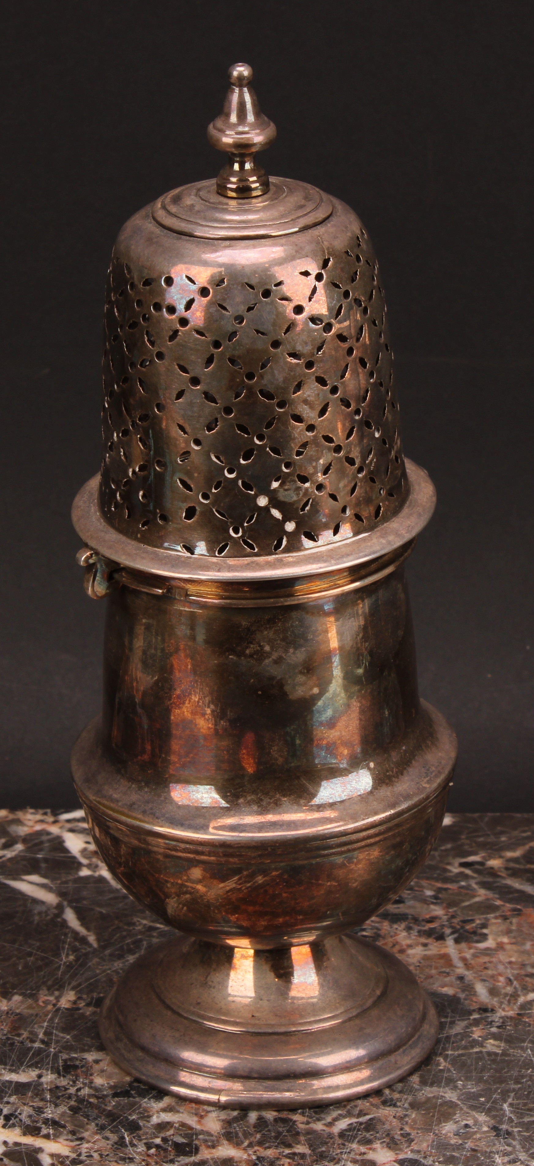 An 18th century 'Teutonic' German silver plate or paktong baluster sugar caster, knop finial, - Image 3 of 4