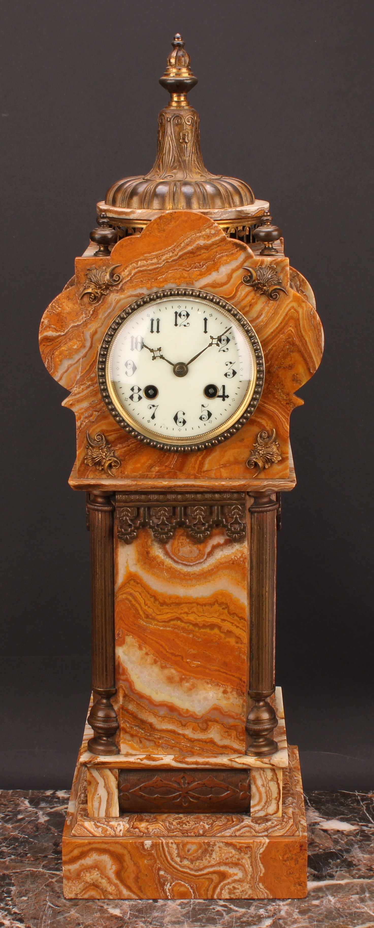 A late 19th century gilt metal mounted onyx tower-form architectural library clock, 8.5cm enamel - Image 2 of 4