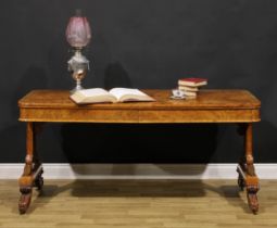 A William IV burr walnut and zebrawood marquetry library table, in the manner of George Bullock,