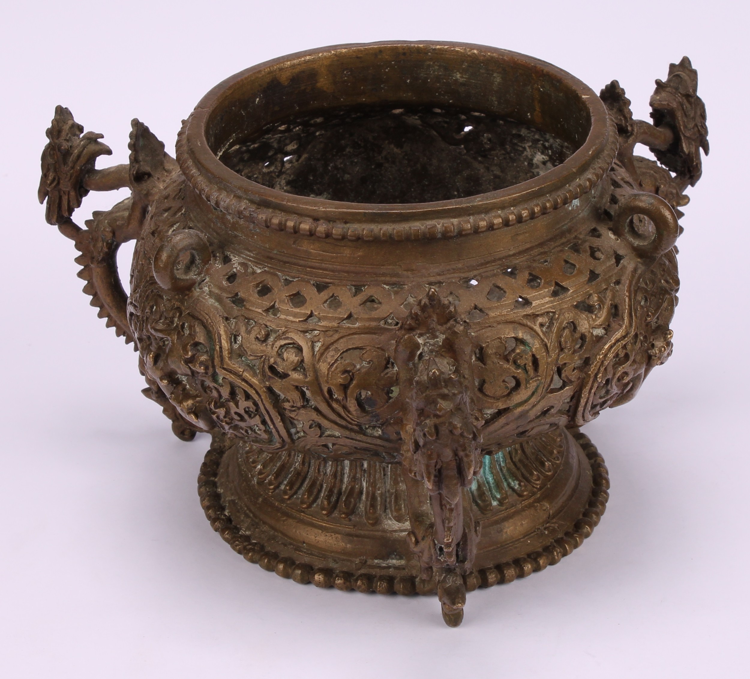 A Chinese bronze hanging censer, pierced and cast with dragons, temple lions and scrolls, 18.5cm - Image 3 of 3