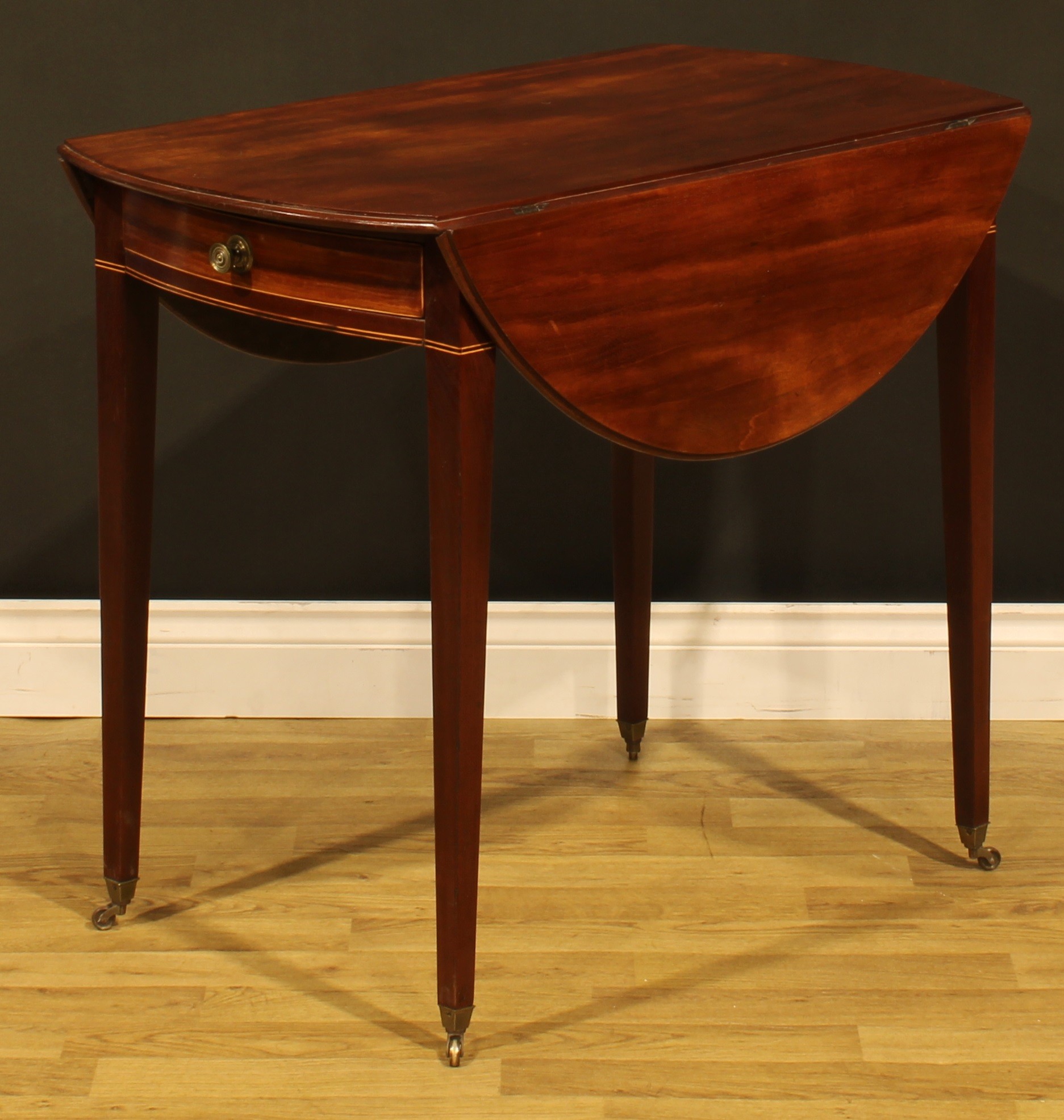 A ‘George III’ mahogany Pembroke table, oval top with fall leaves above a single frieze drawer, - Image 6 of 7