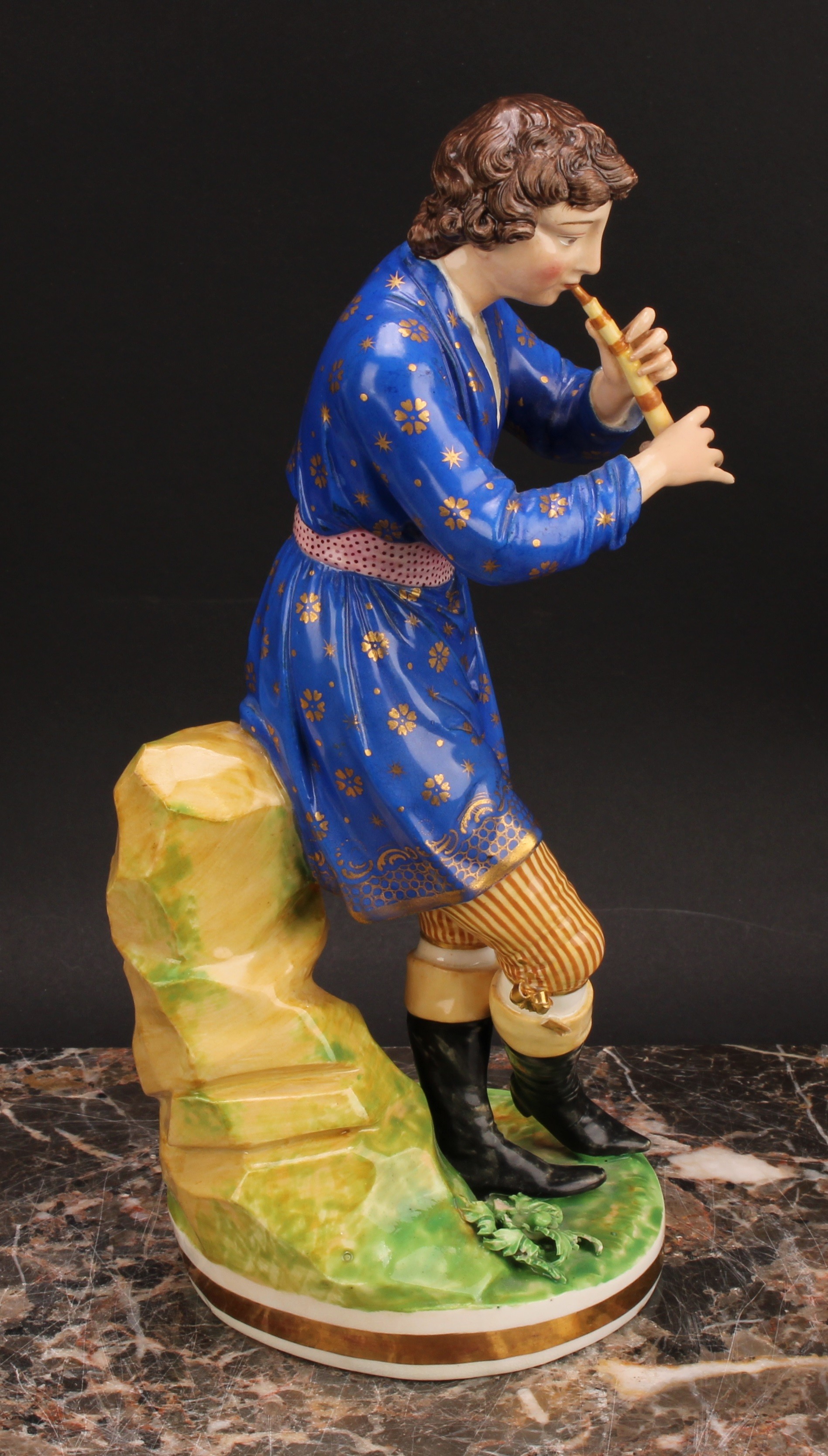 A pair of Bloor Derby figures, of a musician and his companion, he seated on rocky outcrop playing - Image 4 of 10