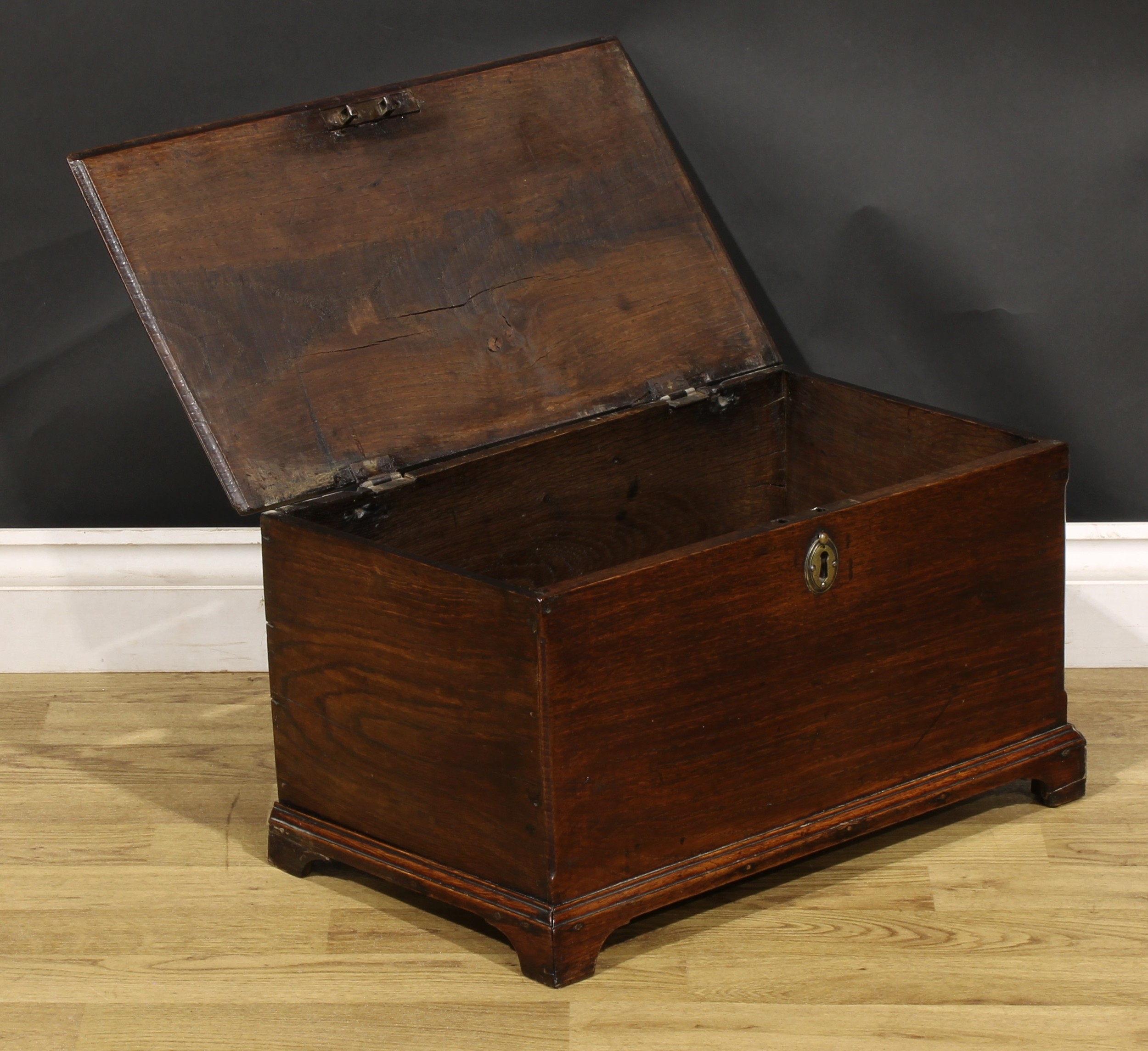 A George III oak table box six plank boarded table box, hinged cover, bracket feet, 29.5cm high, - Image 3 of 4