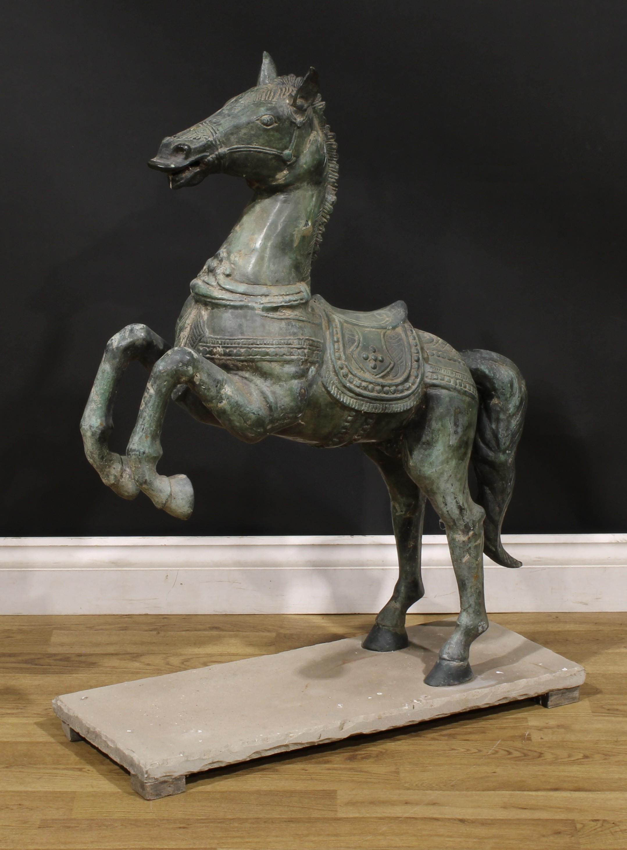A verdigris patinated garden bronze, cast as a Chinese Tang Horse, stone base, 92cm high - Image 2 of 3