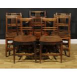 A harlequin set of eight early 19th century oak and deciduous timber dining chairs, the armchair