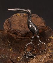 A pair of silver novelty ribbon threaders, cast as a stork, 10cm long, Theodor Hartmann, London 1897