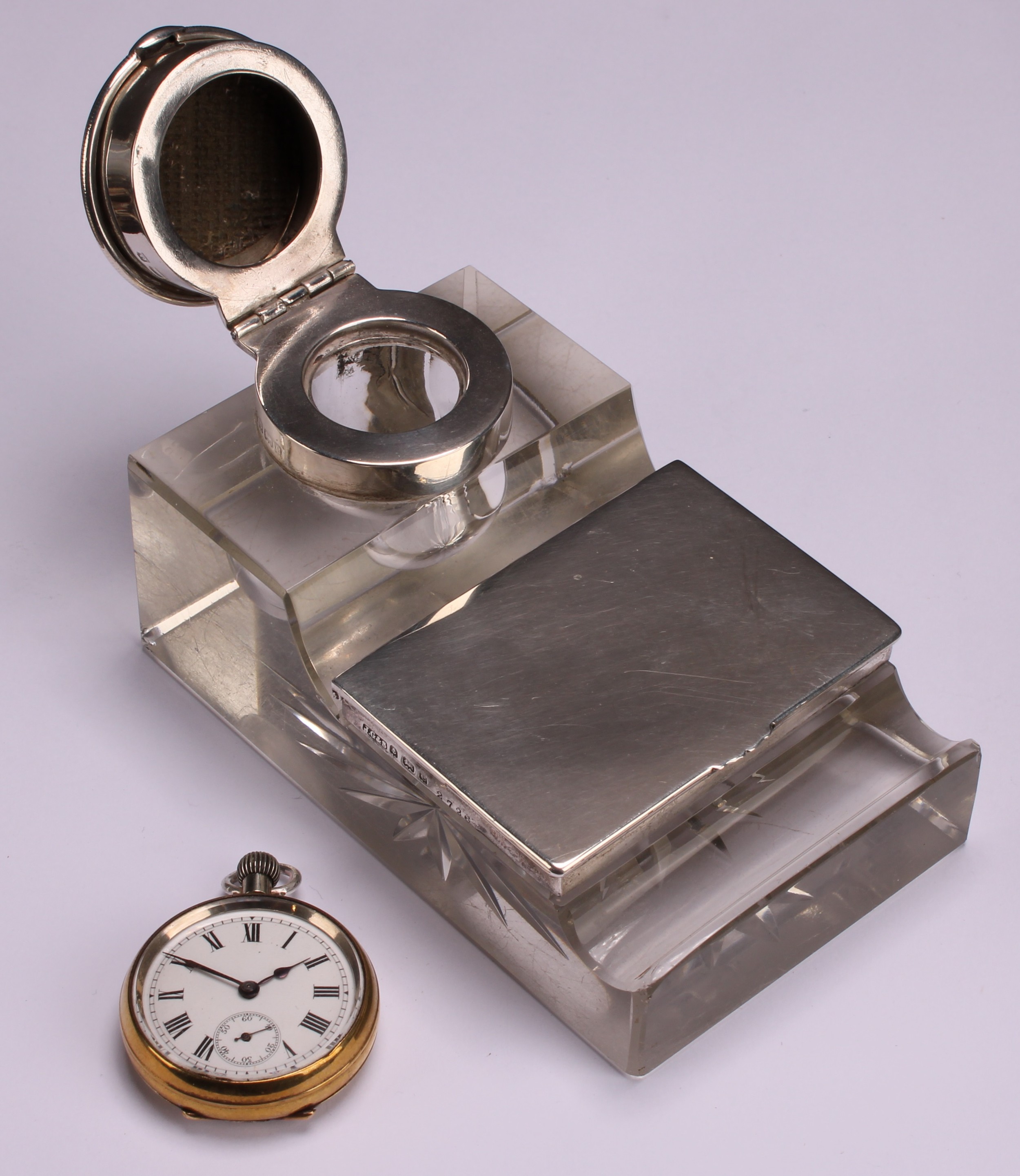 An Edwardian silver combination inkwell, stamp box and pocket watch holder, star-cut base, 11cm - Image 6 of 8