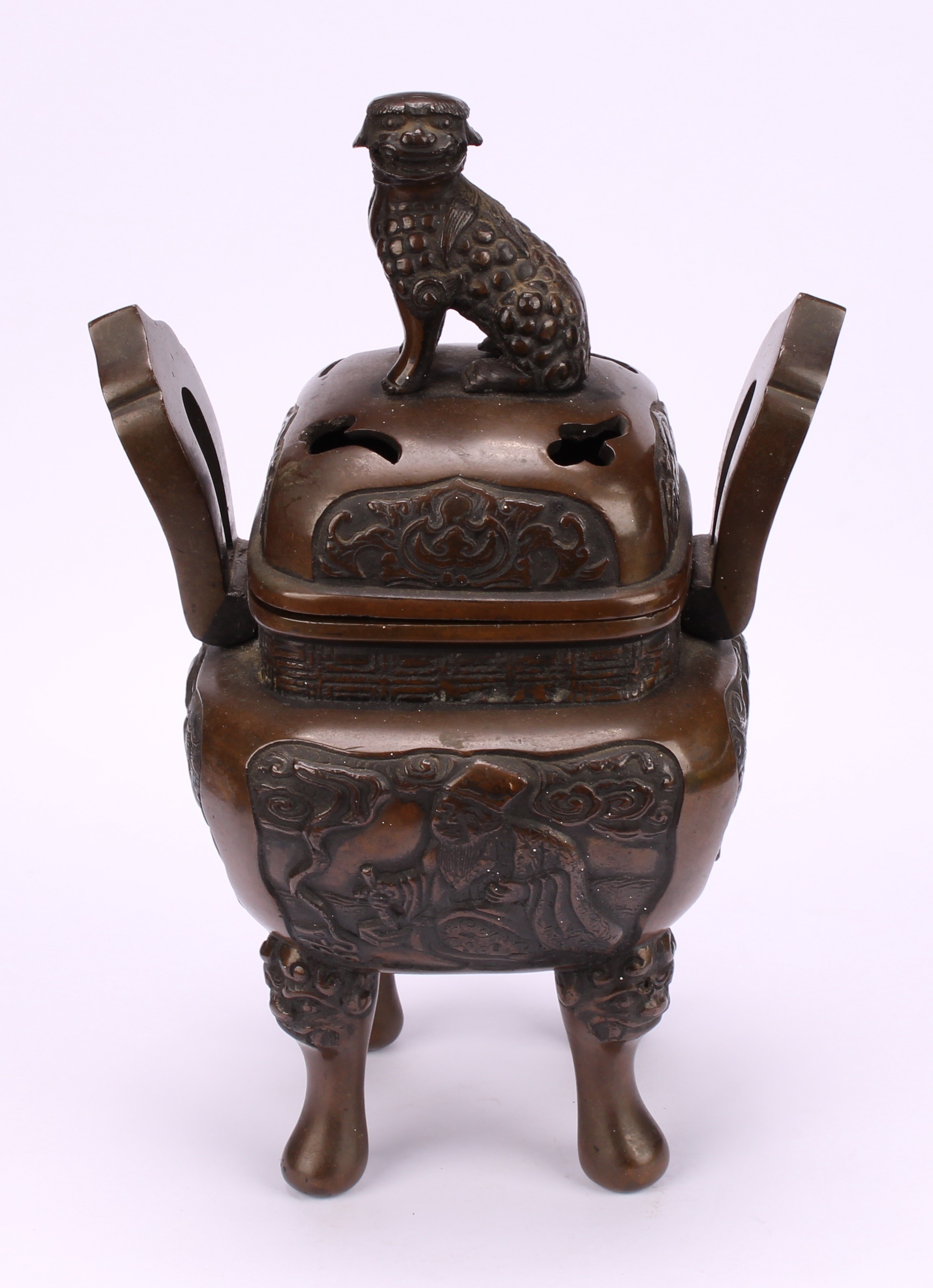 A Chinese bronze censer and cover, surmounted by a temple lion, cast with scholars, shaped loop - Image 2 of 5