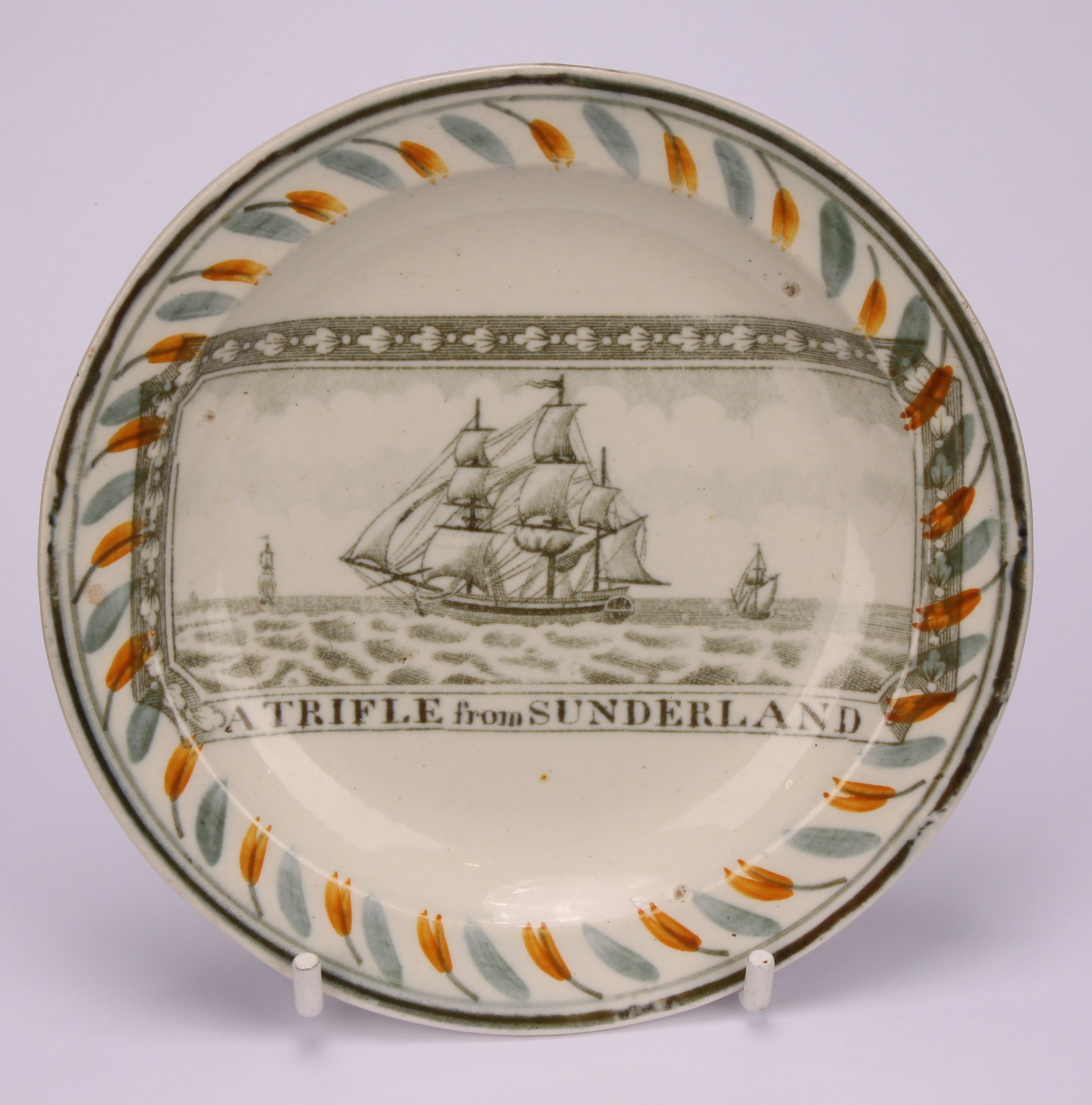 A Dixon, Austin & Co pearlware miniature plate, A Trifle From Sunderland, printed with tall ships, - Image 2 of 3