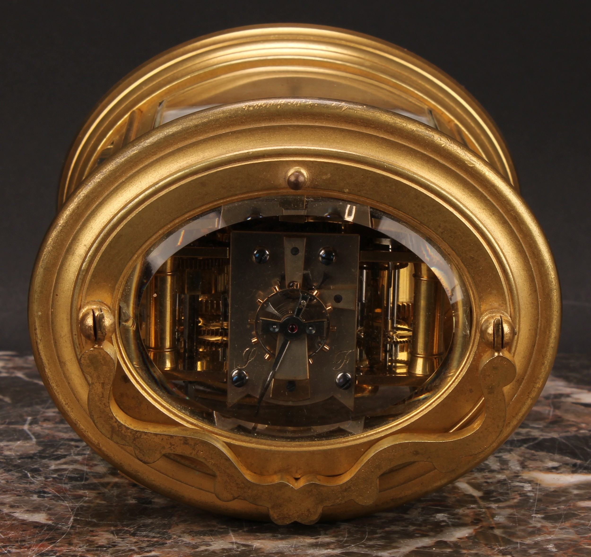 A late 19th century gilt brass oval repeating alarum carriage clock, 7cm enamel dial with Roman - Image 7 of 7