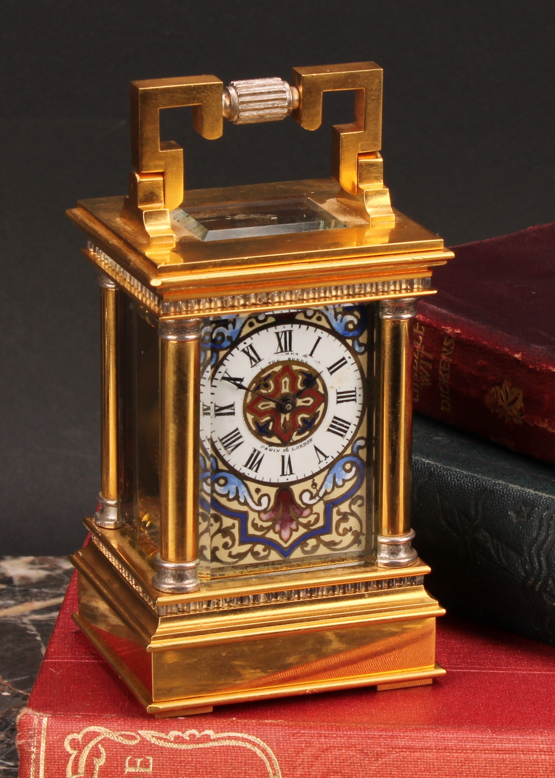 A French parcel-silvered gilt brass and champleve enamel miniature carriage timepiece, 3cm clock