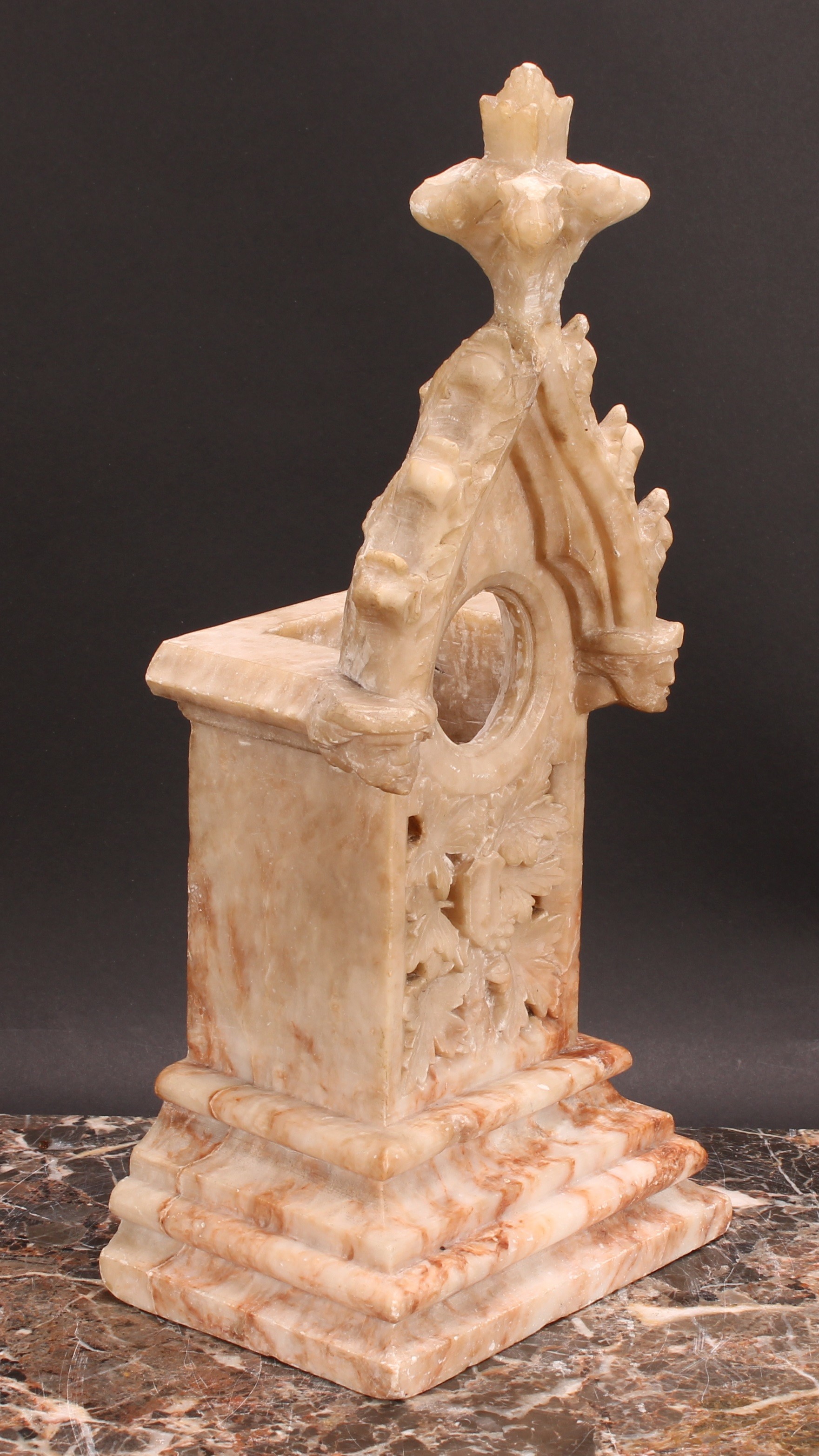 A late 19th century Gothic Revival alabaster architectural pocket watch stand, 37cm high, 16.5cm - Image 2 of 2