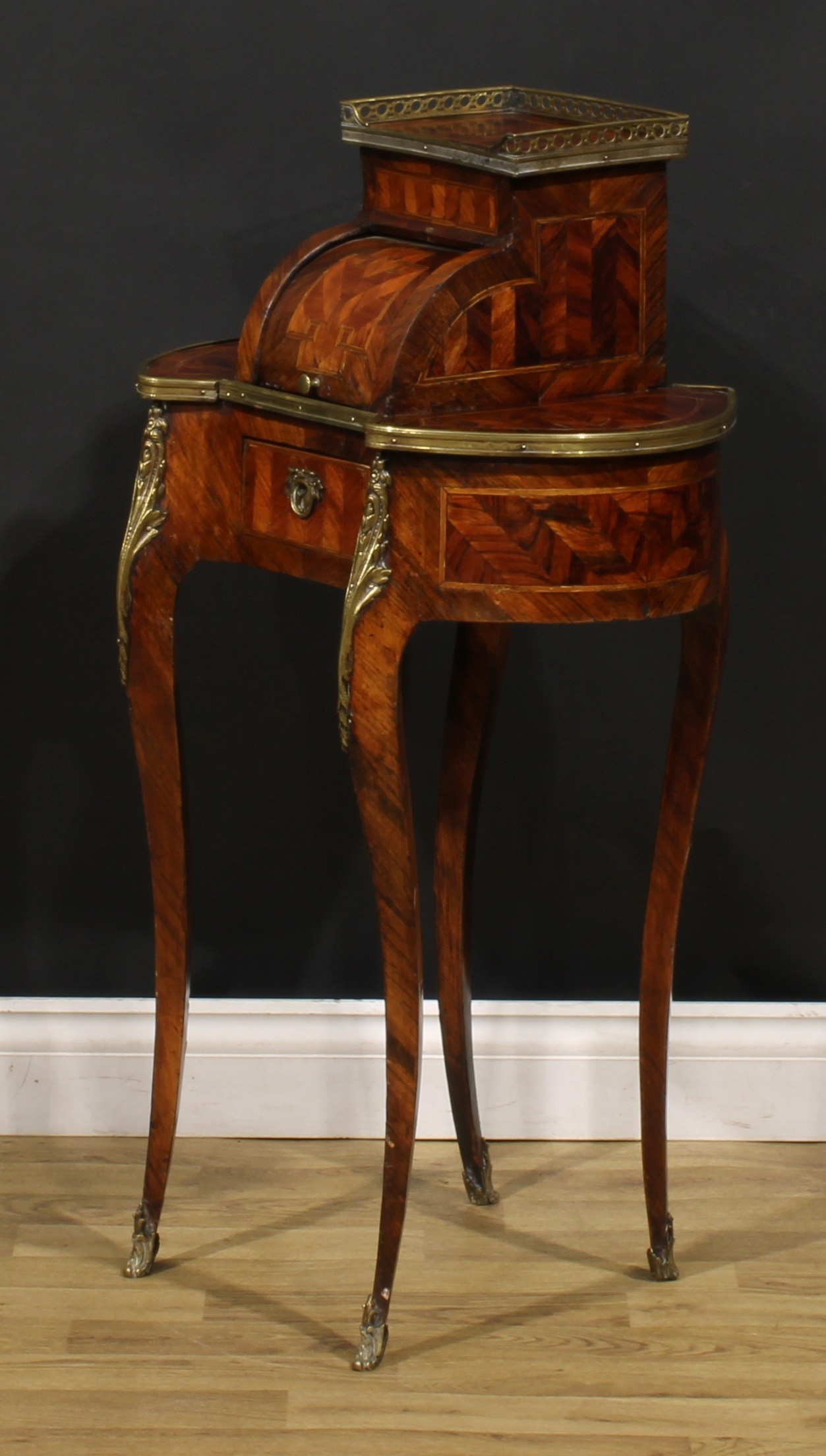 A Louis XV Revival gilt metal mounted rosewood and kingwood bonheur du jour, of small and neat - Image 6 of 7