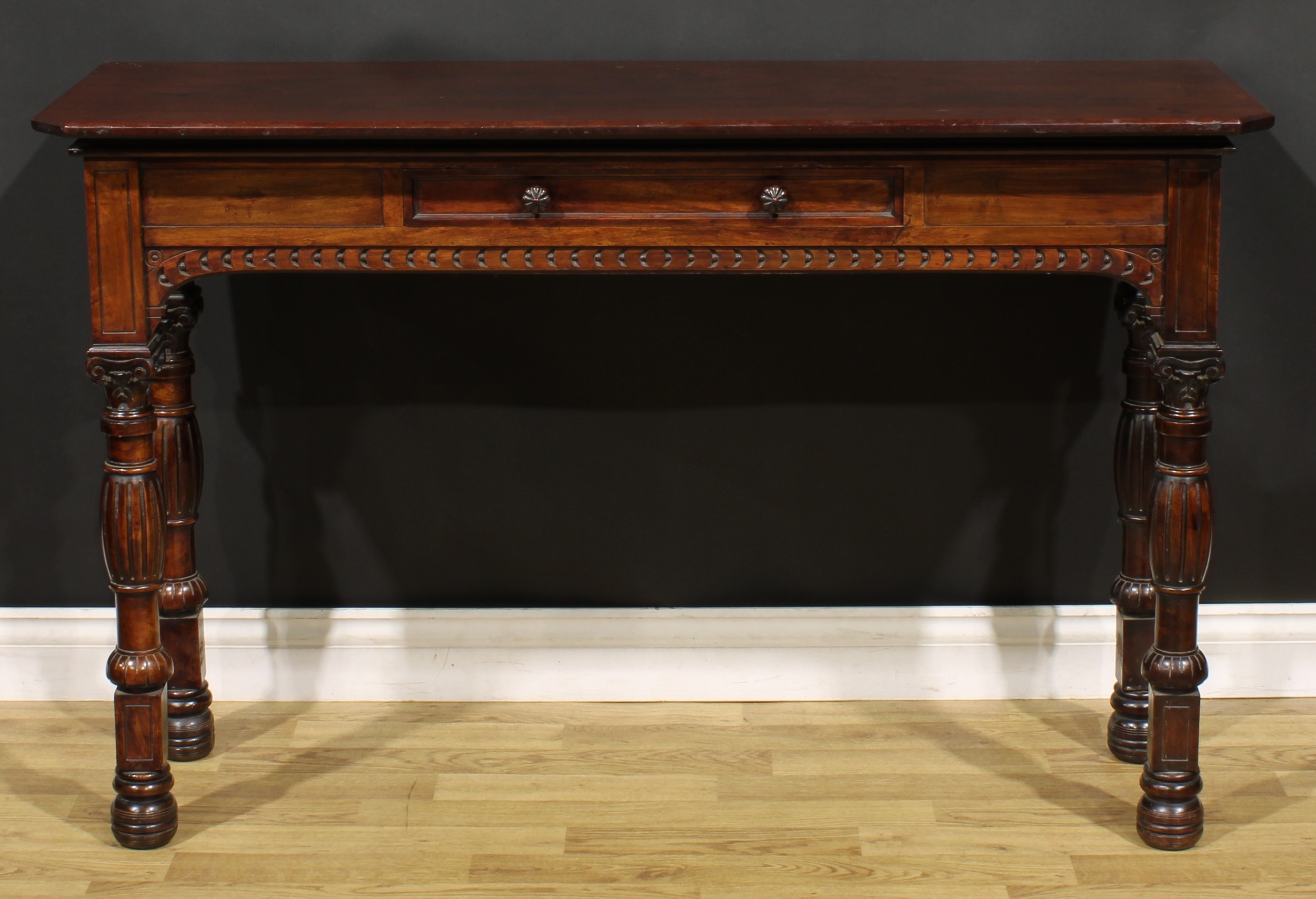 A Victorian mahogany pier table, rectangular top with canted foreangles above a single frieze - Image 2 of 6