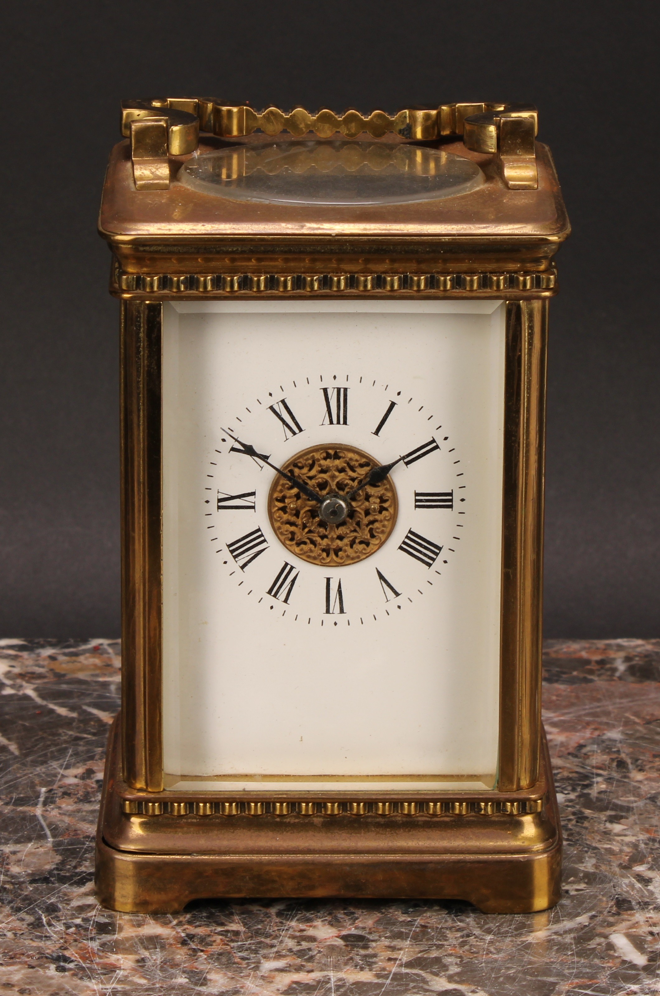An early 20th century lacquered brass carriage clock, 6cm rectangular enamel dial inscribed with - Image 3 of 7