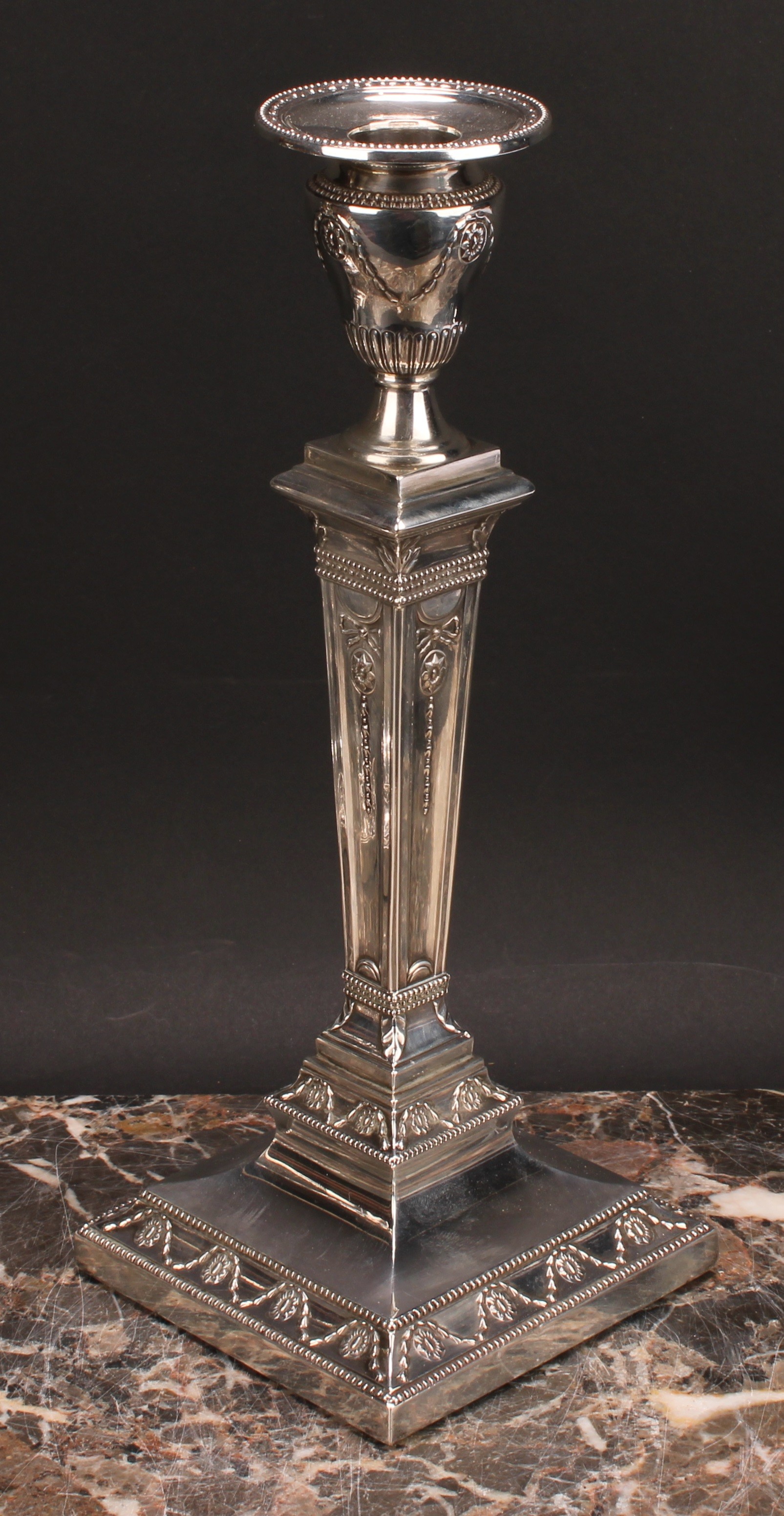 A pair of large Victorian Adam Revival square table candlesticks, embossed in the Neo-Classical - Image 7 of 8