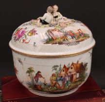 A Dresden tureen and cover, decorated in polychrome with scenes of revelry, and Deutsche blumen,