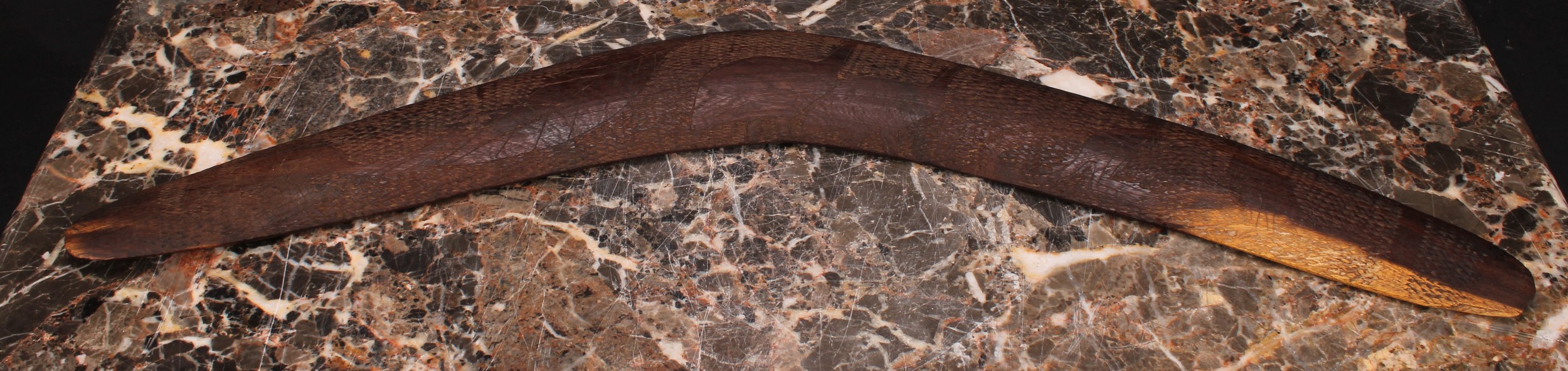 Australian Aboriginal Boomerang with geometric marks and depictions of Emu's, Leaves and - Image 2 of 3