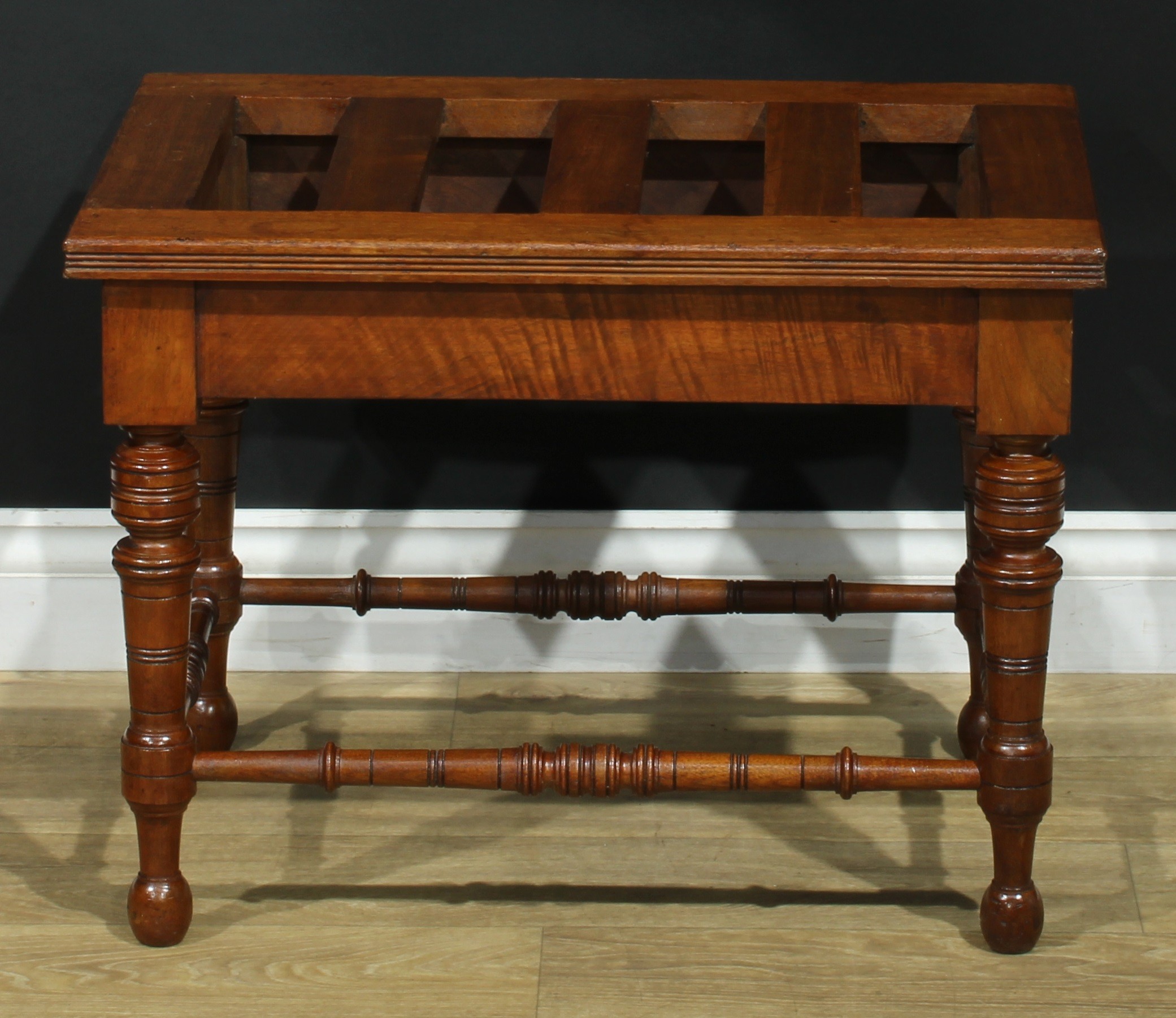 A pair of late Victorian walnut and mahogany rectangular luggage stands, each with oversailing - Image 2 of 9