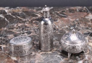 A Middle Eastern silver cylindrical kohl flask, chased with leafy branches, screw-fitting cover with