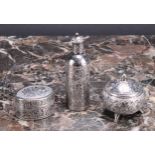A Middle Eastern silver cylindrical kohl flask, chased with leafy branches, screw-fitting cover with