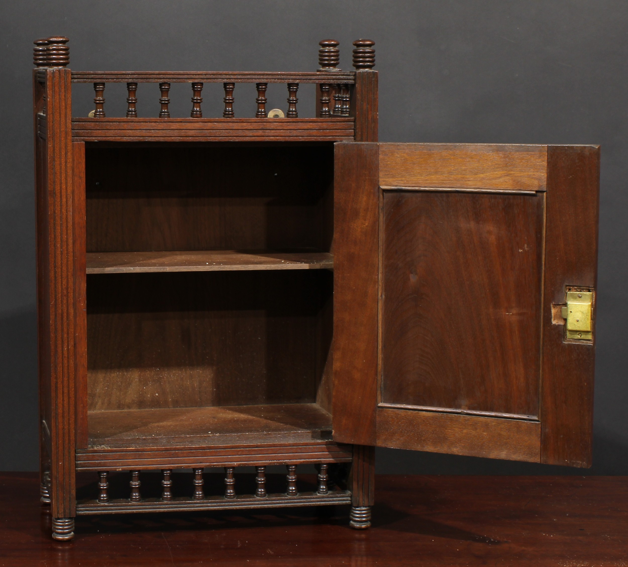 A Victorian Aesthetic Movement wall cabinet, baluster spindle galleries, the rectangular door with - Image 2 of 2