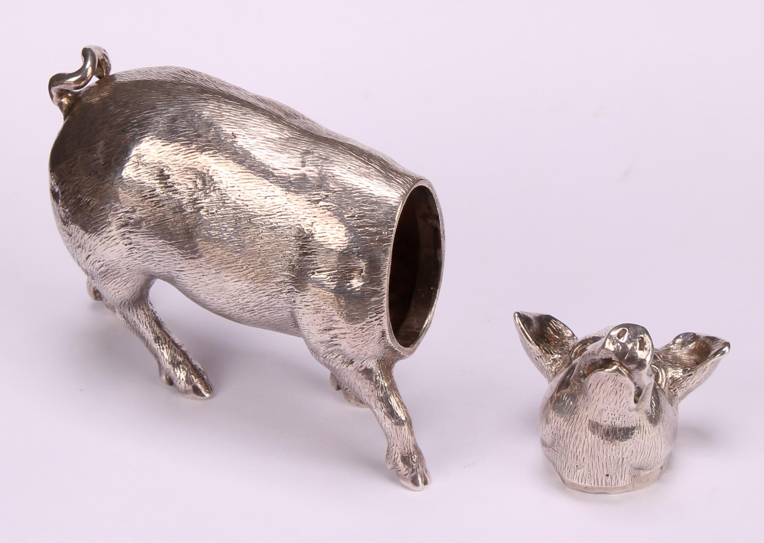 An early 20th century cast silver novelty cannister, as a pig, push-fitting cover, 11cm long, import - Image 4 of 7