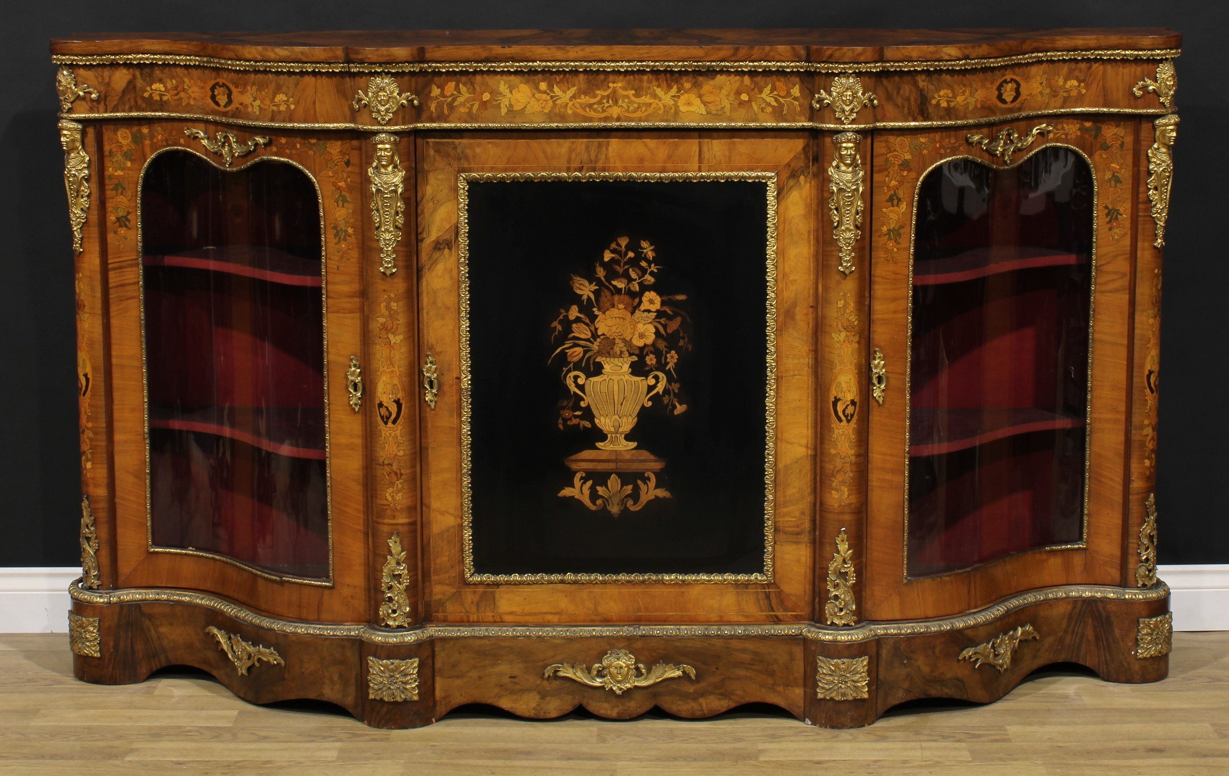 A Victorian gilt metal mounted walnut and marquetry credenza, slightly oversailing top above a - Bild 2 aus 6