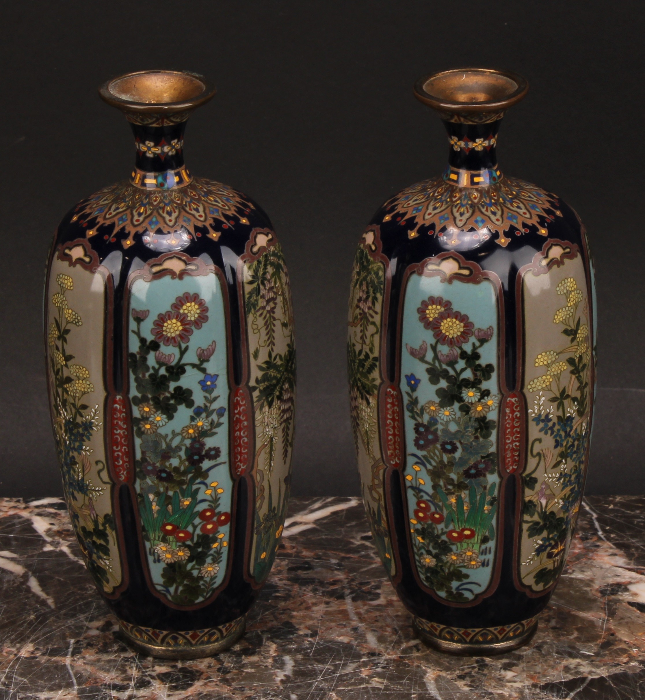 A pair of Japanese cloisonne enamel lobed ovoid vases, painted in polychrome with flowers within - Image 2 of 6