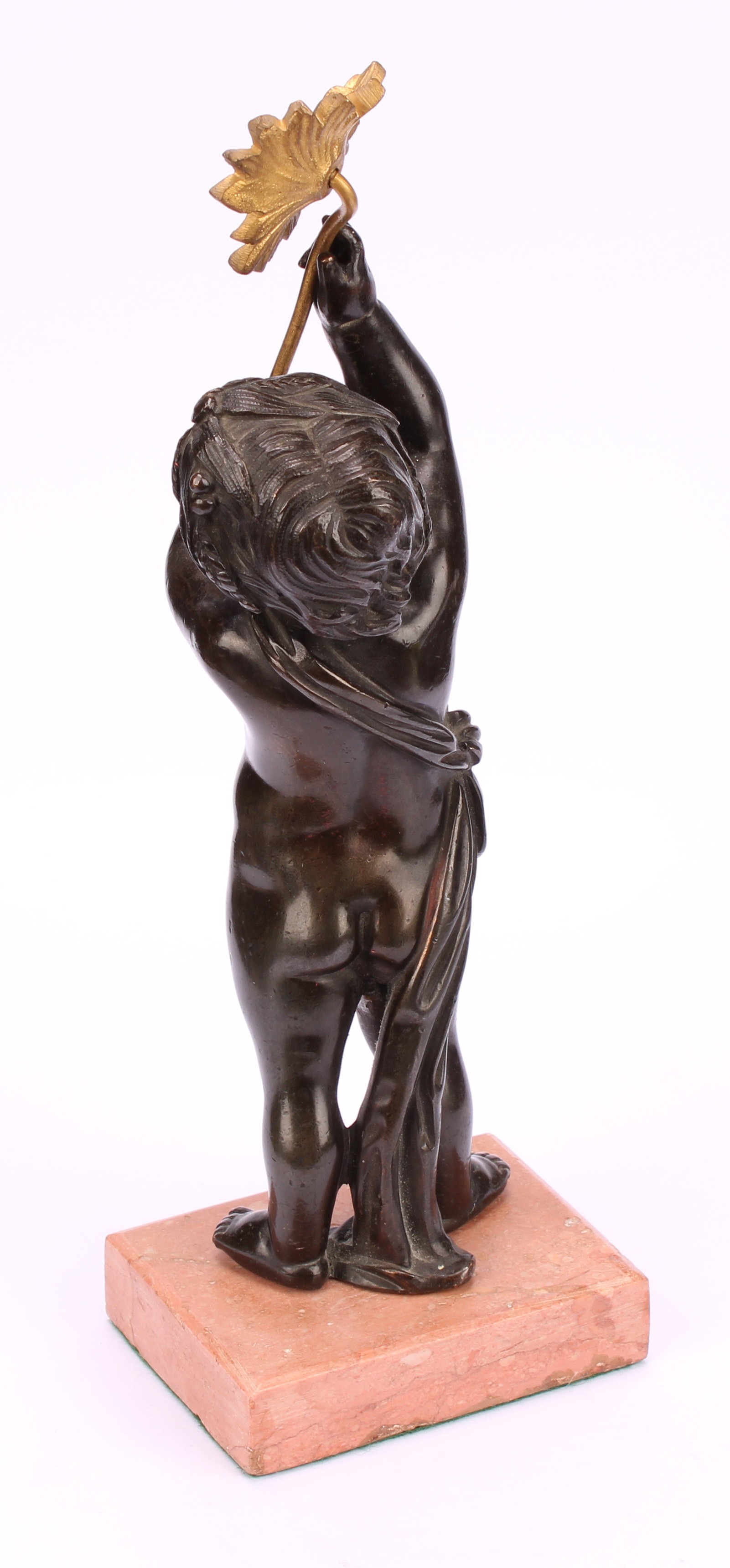 A 19th century patinated bronze, of a putto, holding aloft a gilt metal flower, rectangular rouge - Image 4 of 4