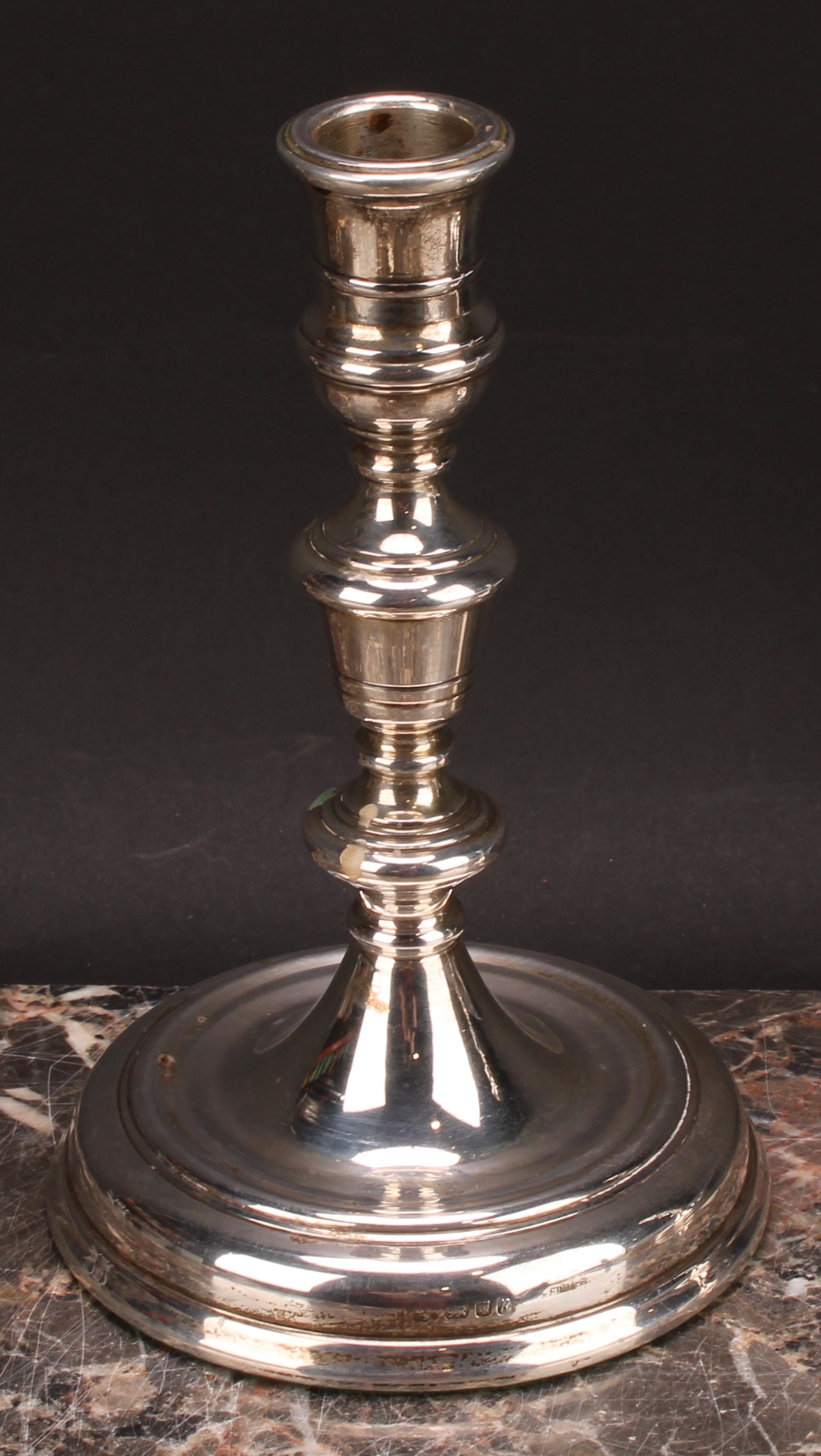 A pair of George I style silver table candlesticks, knopped pillars, dished bases, loaded, 18.5cm - Image 5 of 6