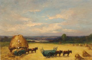 Leon Hatot (20th century) Haymaking, signed and dated, oil on hardboard, 48cm x 71cm