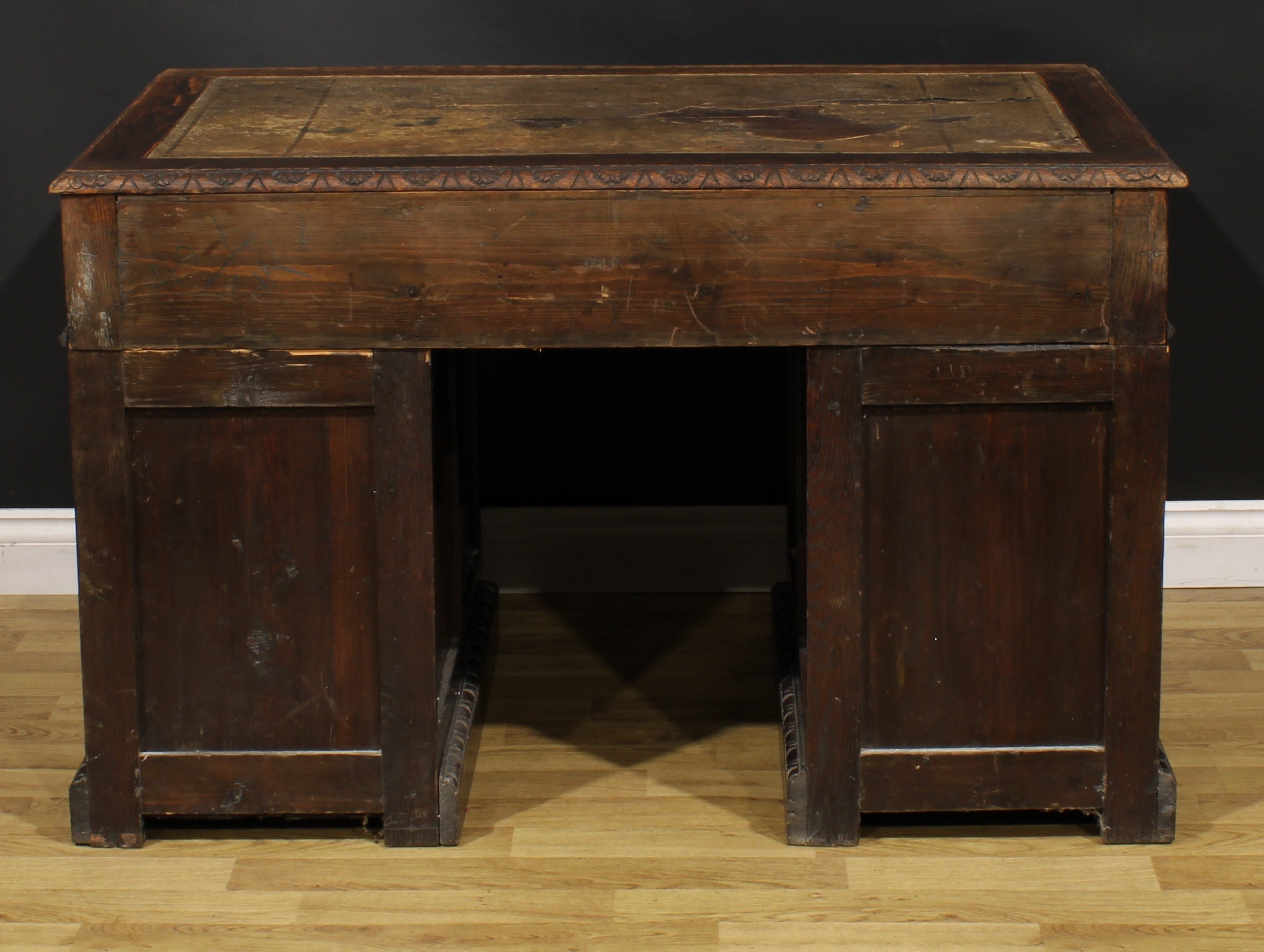 A late Victorian oak twin pedestal desk, rectangular top with foliate carved edge and inset - Image 6 of 6