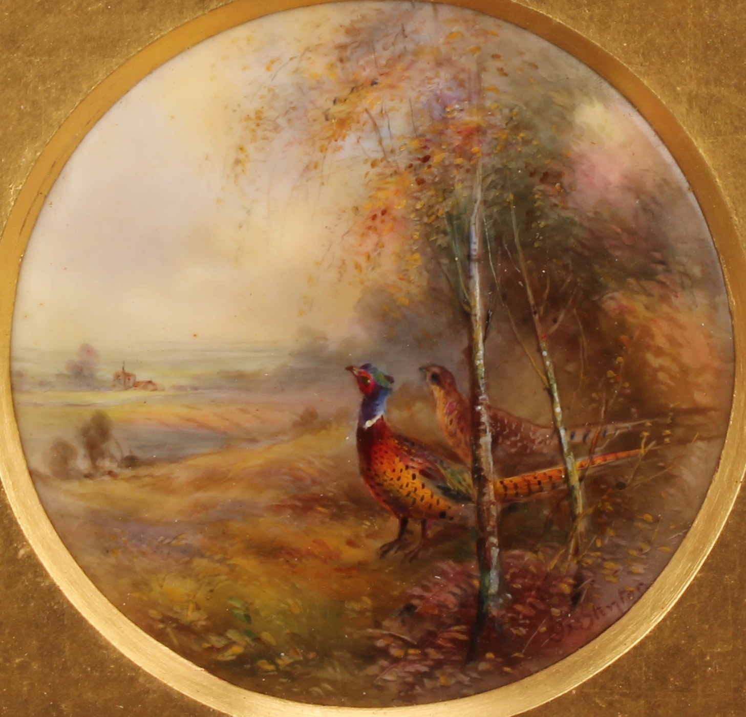 A Royal Worcester circular plaque, painted by Jas. Stinton, signed, with pheasants in rural - Image 3 of 5