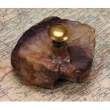 A 19th century Derbyshire Blue John specimen, as a desk weight, brass handle, 7cm wide