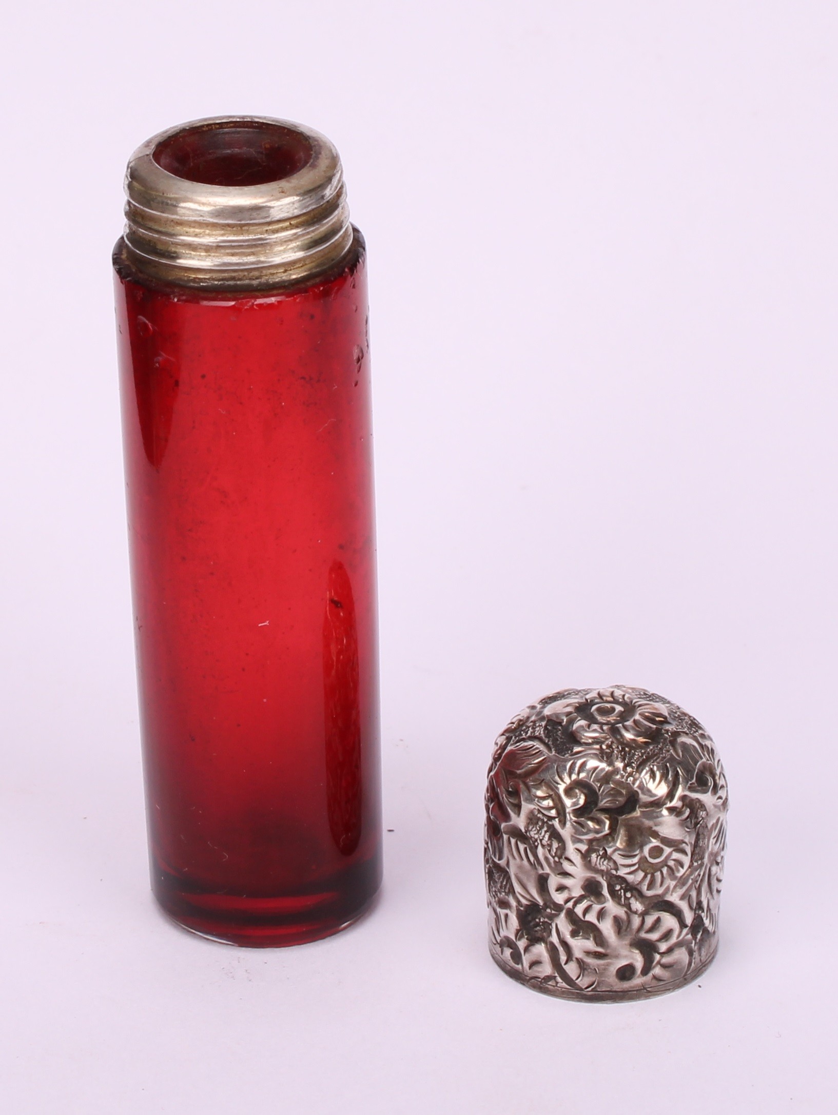A 19th century silver coloured metal mounted cylindrical cranberry glass scent bottle, the hinged - Image 6 of 6