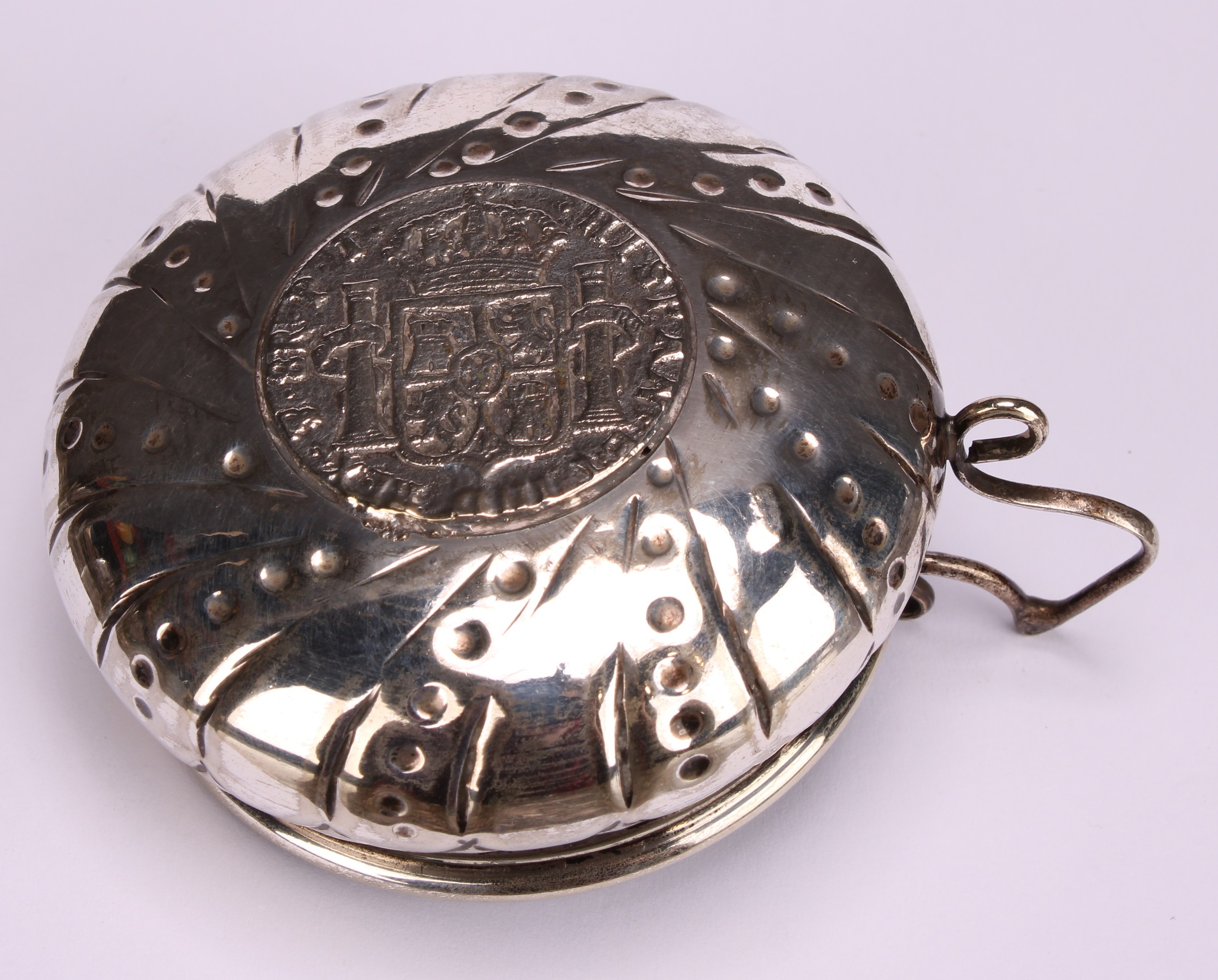 A 19th century Spanish silver wine taster, set with a Charles IV coin, 7cm diam, 54g - Image 4 of 4