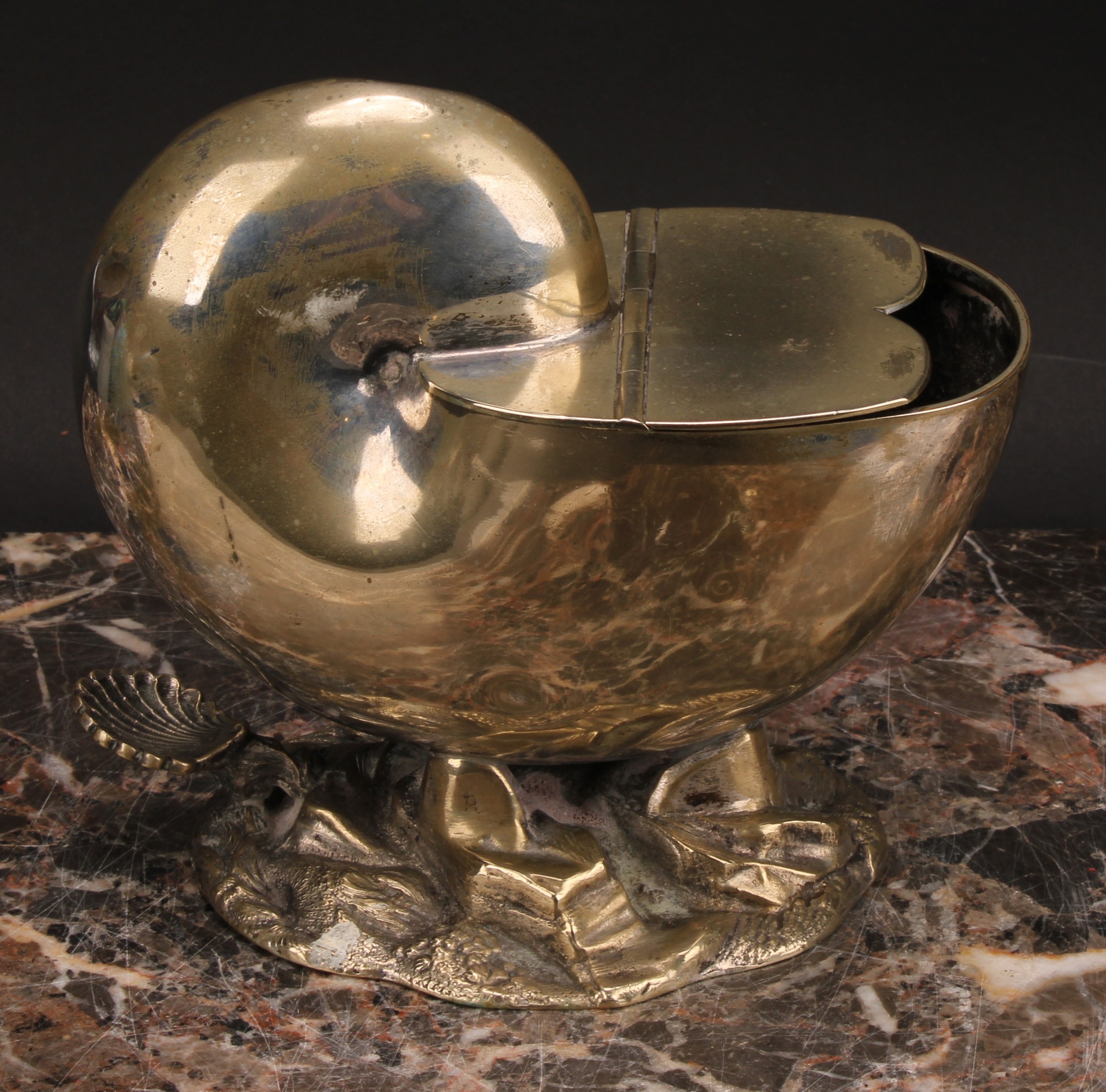 A Victorian E.P.N.S novelty spoon warmer, as a nautilus shell, hinged cover, rocky base, 15cm - Image 2 of 5