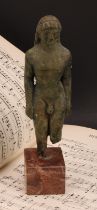 A green patinated bronze figure, Greek Kouros, in the Grand Tour manner, rectangular rouge marble