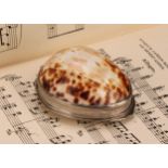 A George III silver mounted cowrie shell snuff box, hinged cover to base, gilt interior, 7.5cm wide,