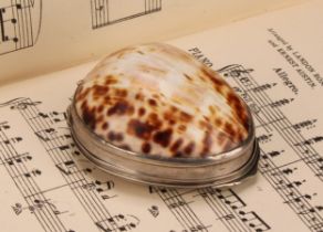 A George III silver mounted cowrie shell snuff box, hinged cover to base, gilt interior, 7.5cm wide,