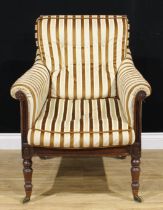 A George IV mahogany library chair, cane back, stuffed-over upholstery, turned forelegs, brass