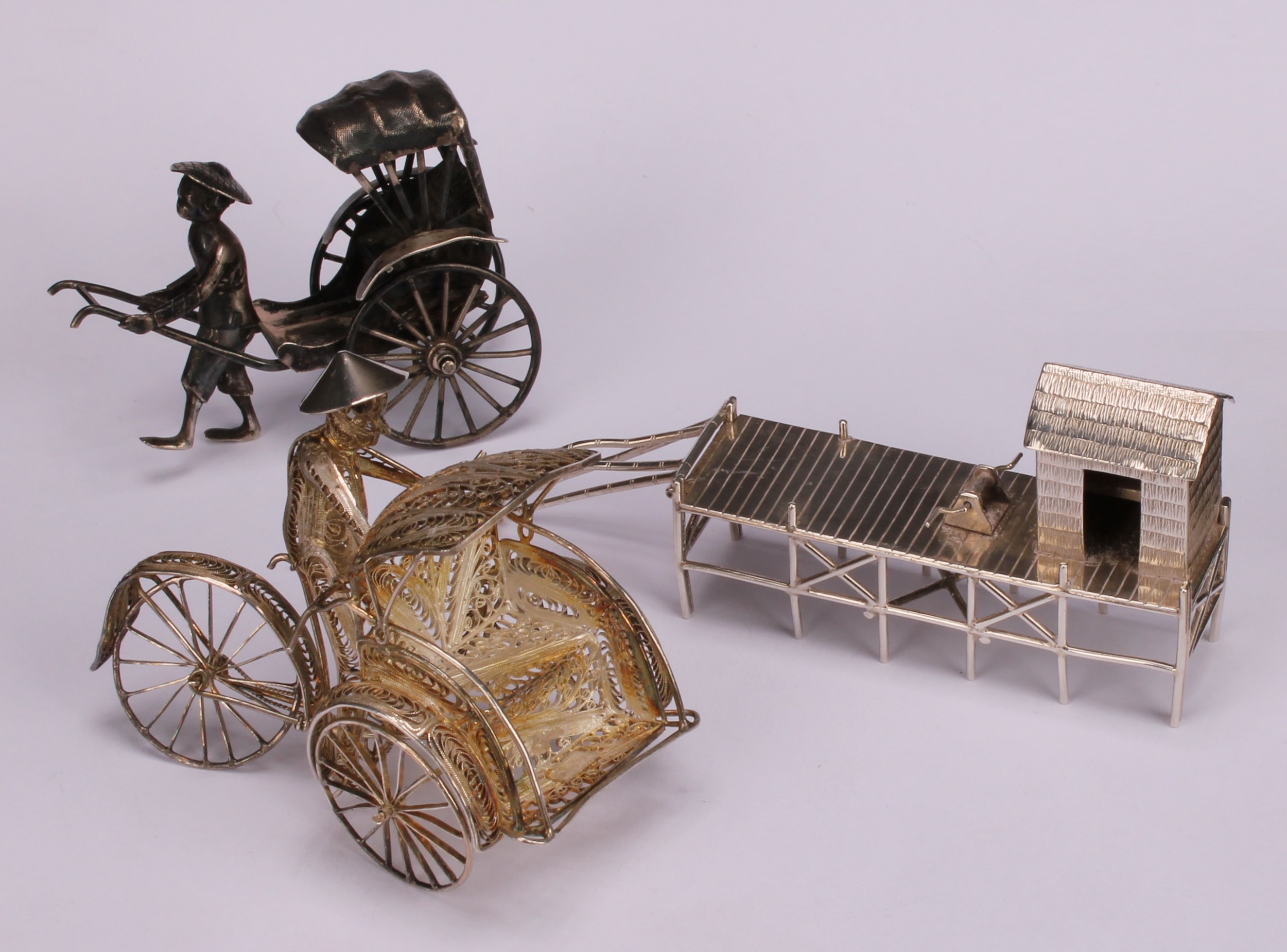 A Chinese silver miniature model, of a rickshaw, 7cm long, Wang Hing & Co, Hong Kong, c.1910; others - Image 2 of 8