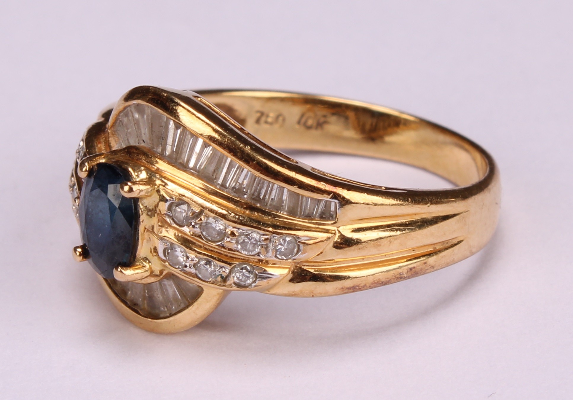 An 18ct gold diamond and blue stone ring, size M/N, marked 750, 5g; an 18ct gold ring, set with a - Image 4 of 8