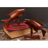 Travel & the South Seas - a pair of Pitcairn Island hardwood carvings, of leaping fish, 19cm high,