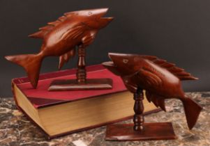 Travel & the South Seas - a pair of Pitcairn Island hardwood carvings, of leaping fish, 19cm high,
