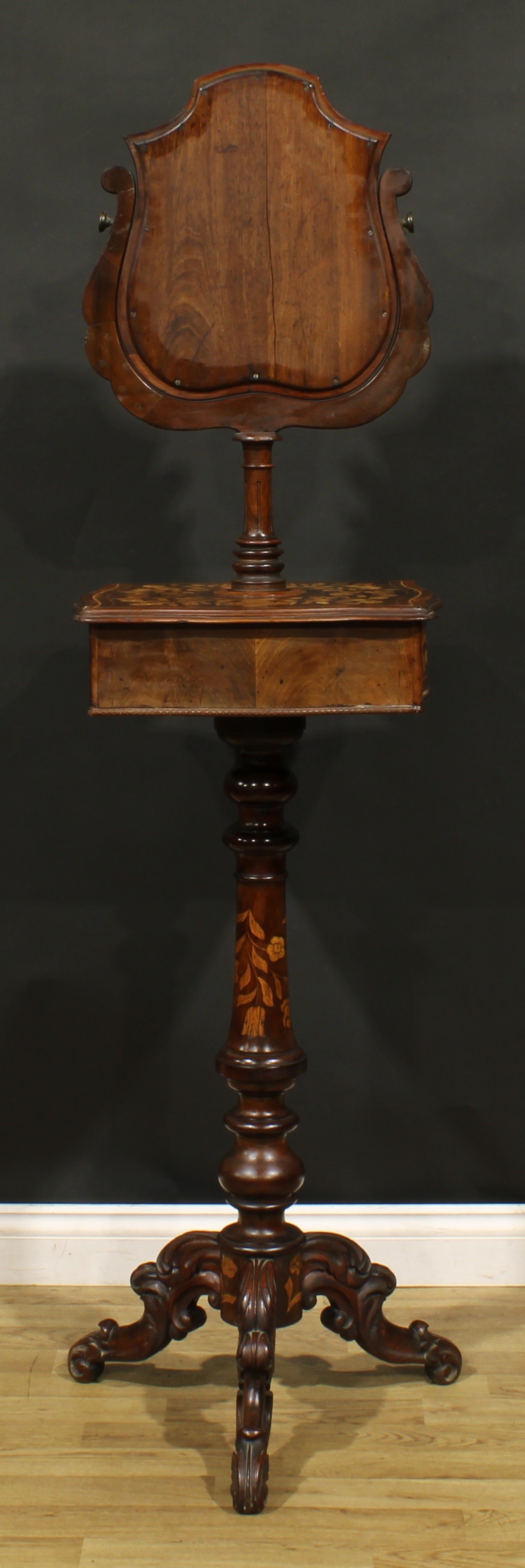 A 19th century Dutch marquetry tripod shaving stand, shaped mirror plate, serpentine square - Image 5 of 5
