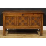 An 18th century oak blanket chest, hinged top enclosing a till above a three panel front, carved