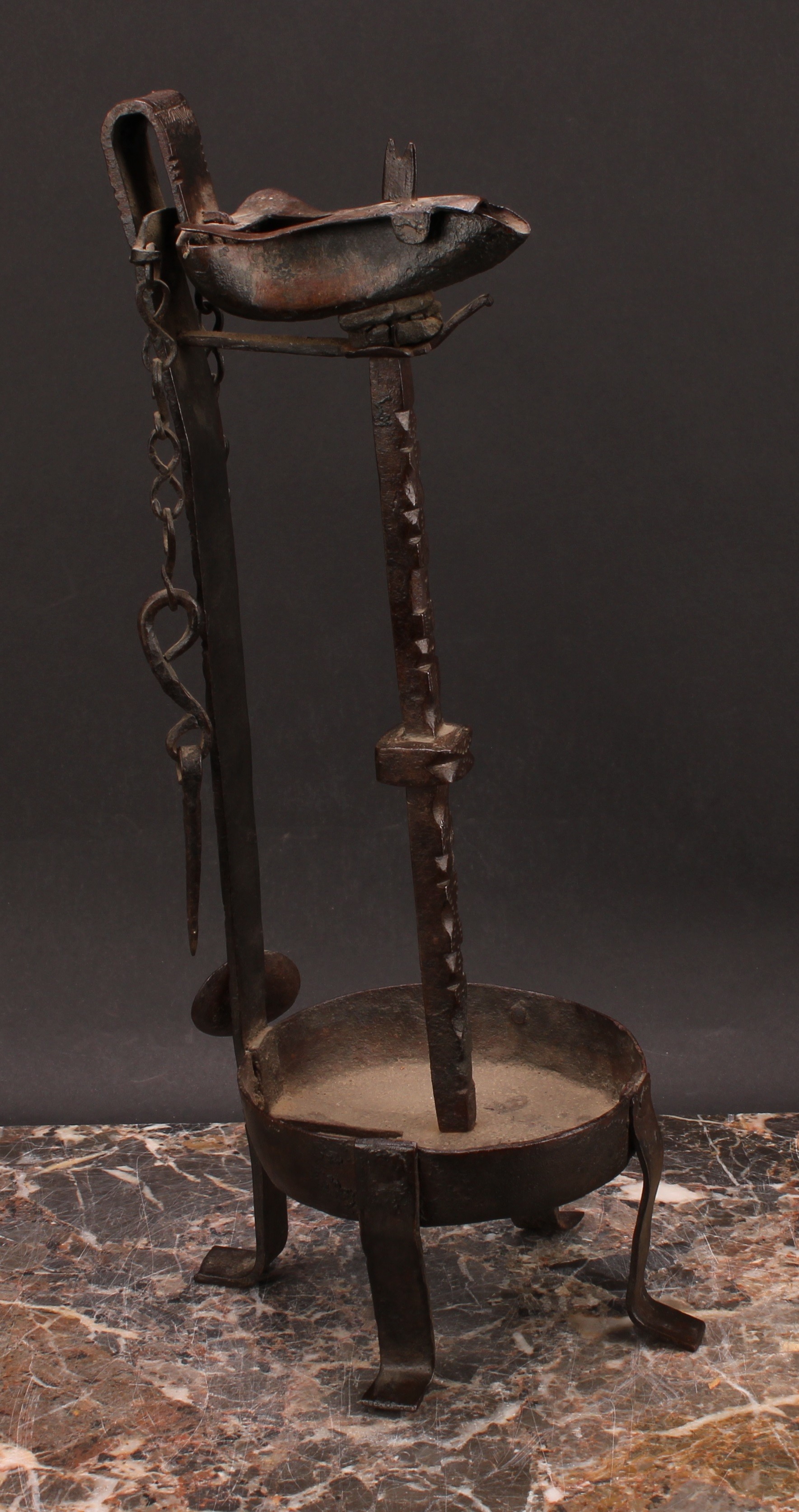 A 19th century wrought iron whale oil lamp, cut steel pillar, 37cm high - Image 2 of 3